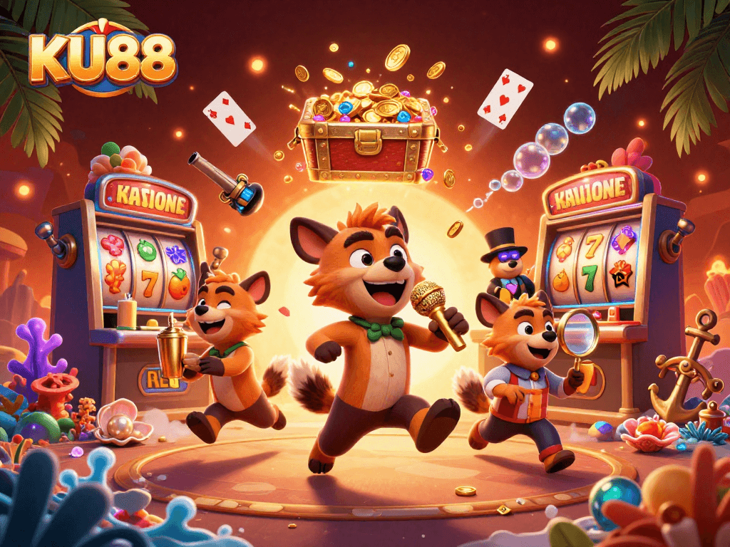 Join the fun at KU88's vibrant casino scene featuring animated hyenas.