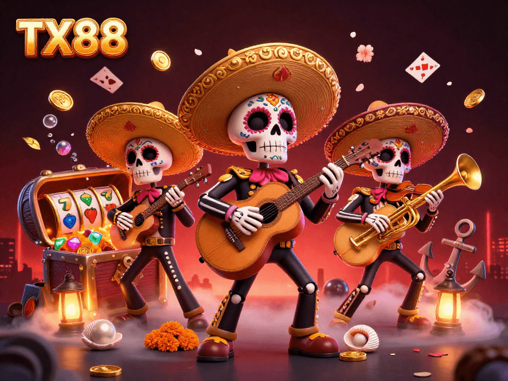 Experience TX88 thrills with a vibrant 3D casino illustration showcasing a lively mariachi band.