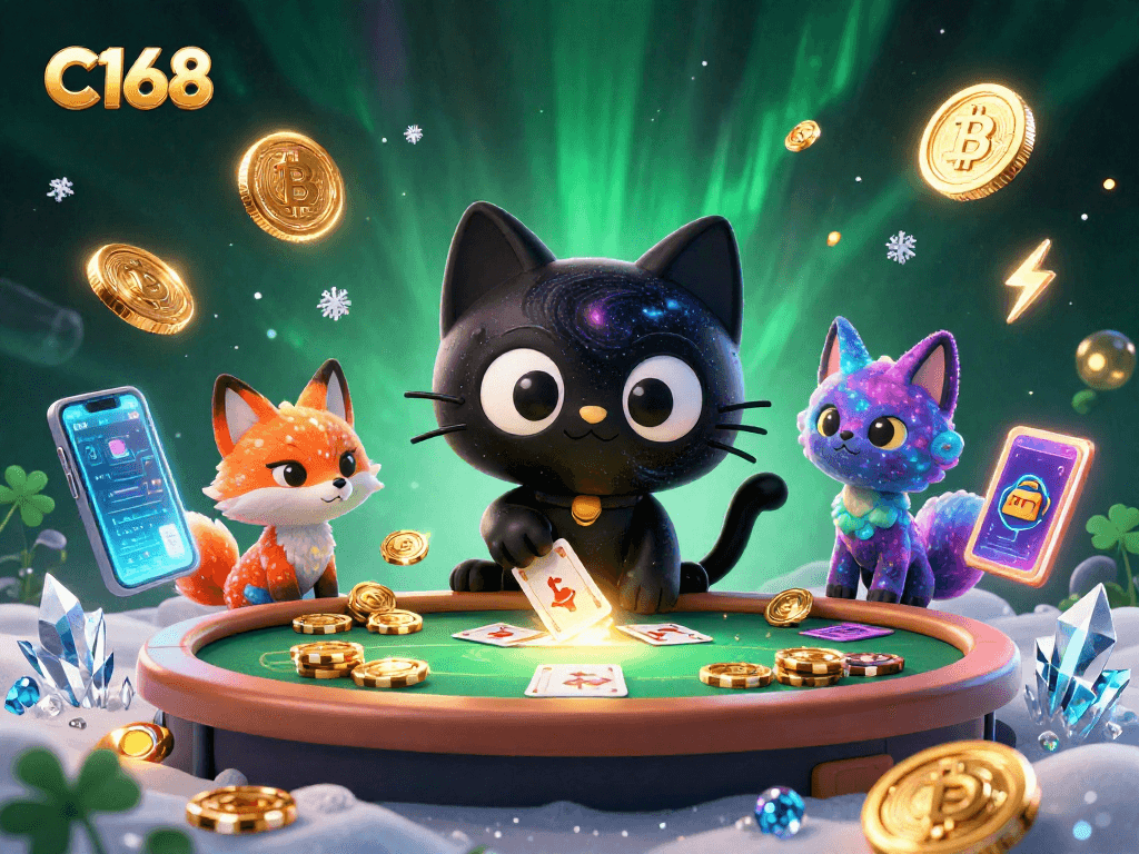 C168 attracts players at the cosmic casino table, pulling in golden chips and cards amidst vibrant elements.