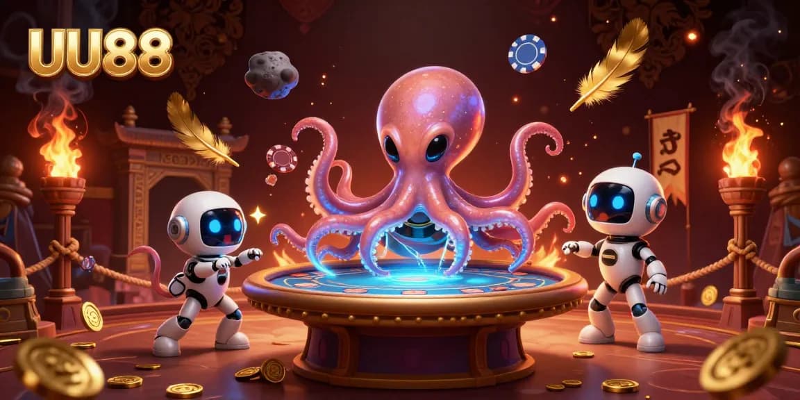 Experience exciting gameplay at UU88 with a 3D alien octopus mastering a holographic poker table.