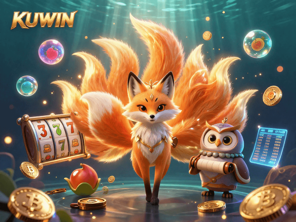 Engage with KUWIN's live casino experience featuring a vibrant nine-tailed fox spirit and enchanted elements.