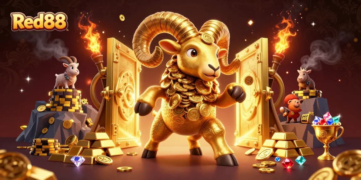Red88 offers a vibrant casino experience with massive golden ram charging at riches, embodying excitement.