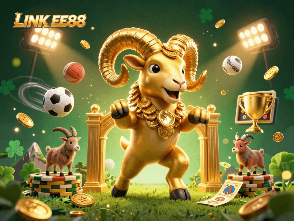Bettors cheer as the LINK EE88 golden ram charges through a vibrant sports betting scene filled with excitement.