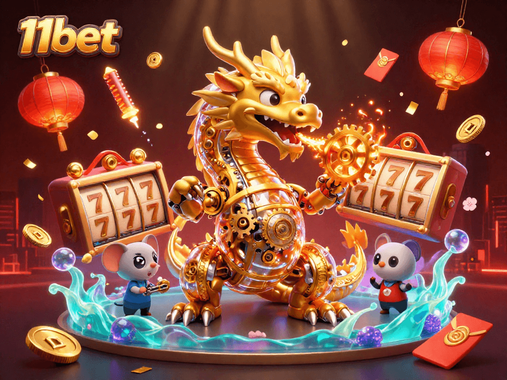 Experience thrilling 11bet action with a golden dragon and dynamic slots in a vibrant casino scene.