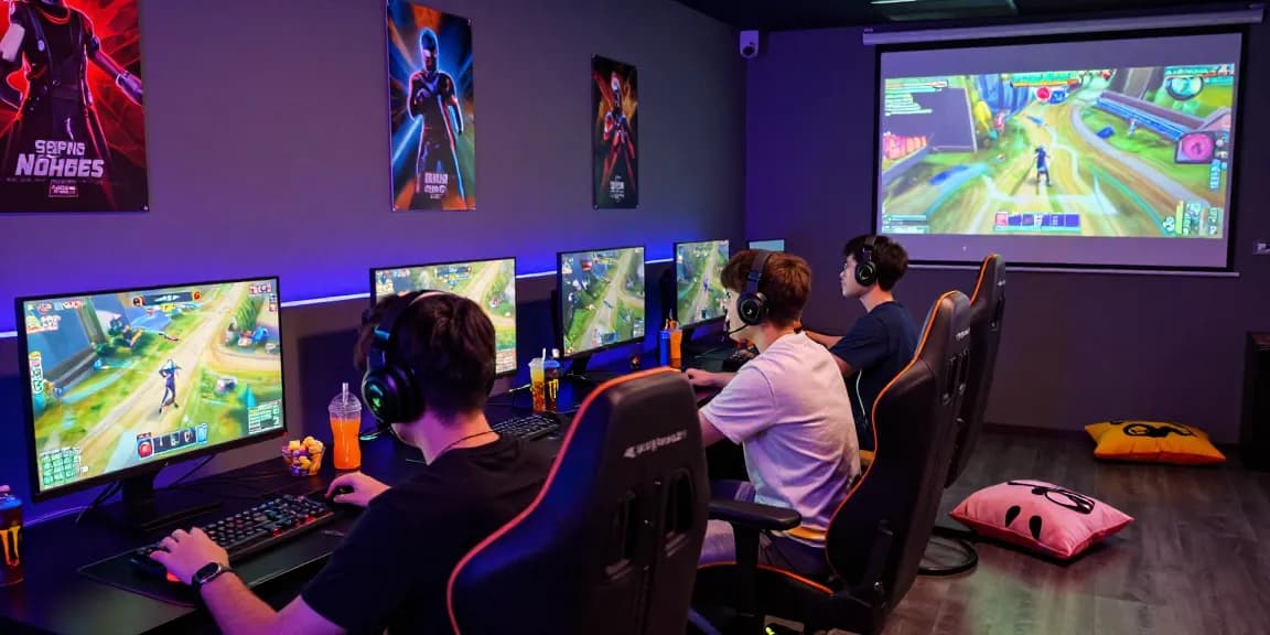 Group of friends enjoying competitive gaming experience at http://oxbet-app.com lounge with vibrant LED lights