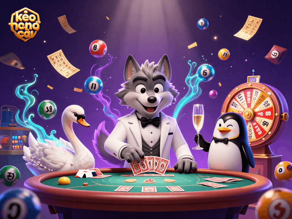 Experience the excitement of kèo nhà cái with a vibrant scene of card games and animated betting elements.