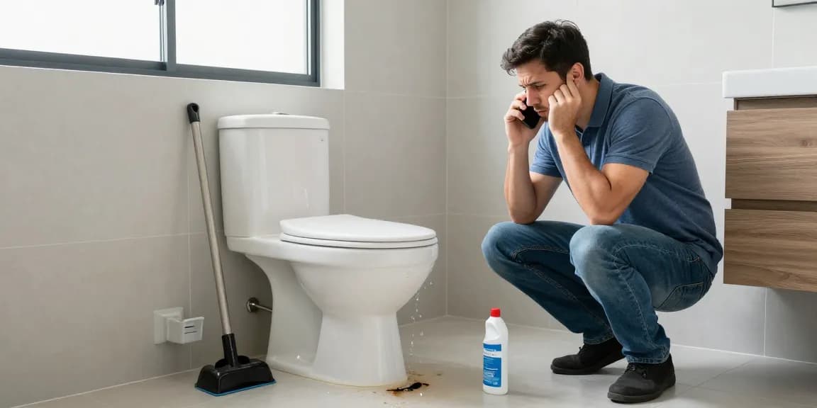 Verstopte wc met bezorgde huiseigenaar die een loodgieter belt voor snel herstel.