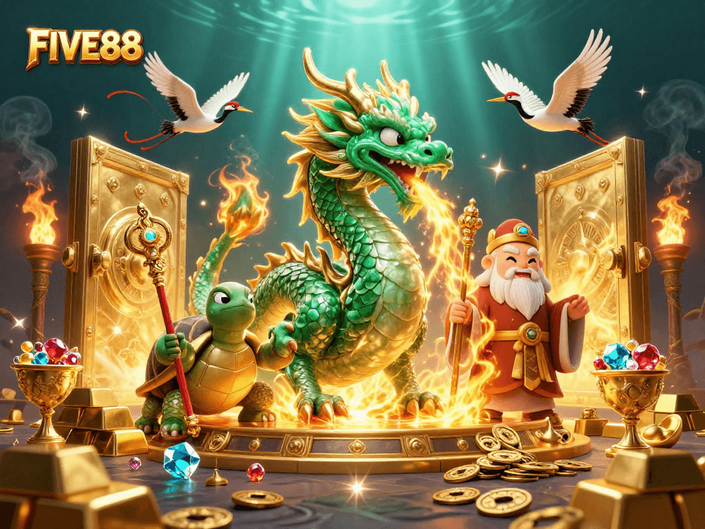 Engage in exciting gameplay at FIVE88 with a majestic jade dragon and treasure bursts
