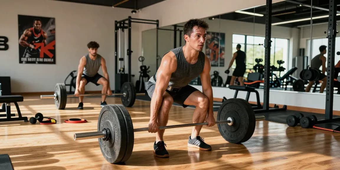 Prime Pharma Steroiden Winkel: Atletische man doet deadlift in moderne sportschool met motivaties en apparatuur.