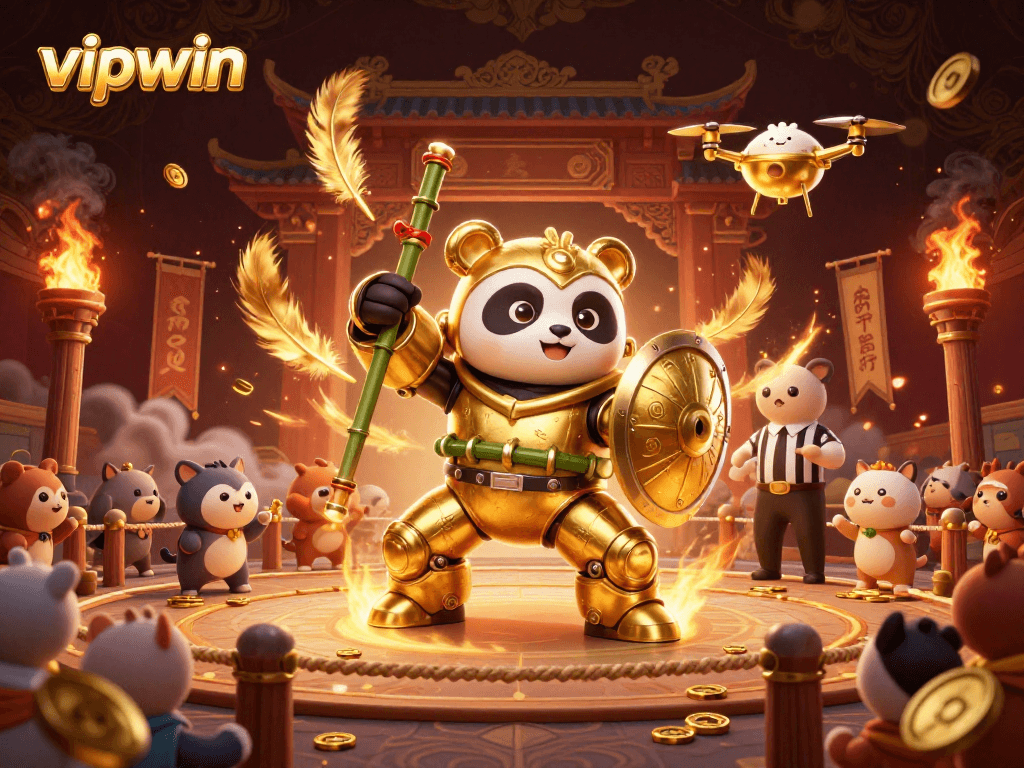 Experience the thrill of vipwin with a golden panda mech in an action-packed casino arena.
