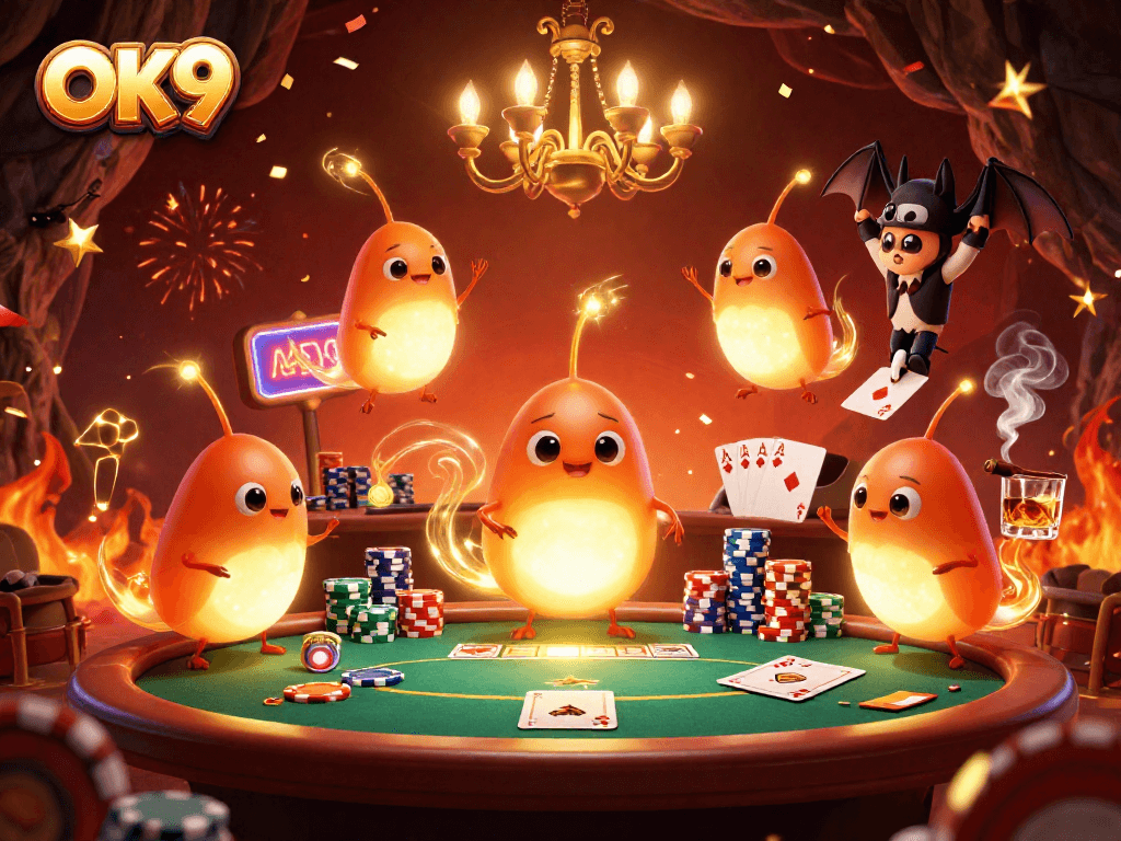 Play at OK9 with a vibrant cartoon casino scene highlighting glowing characters and poker elements.
