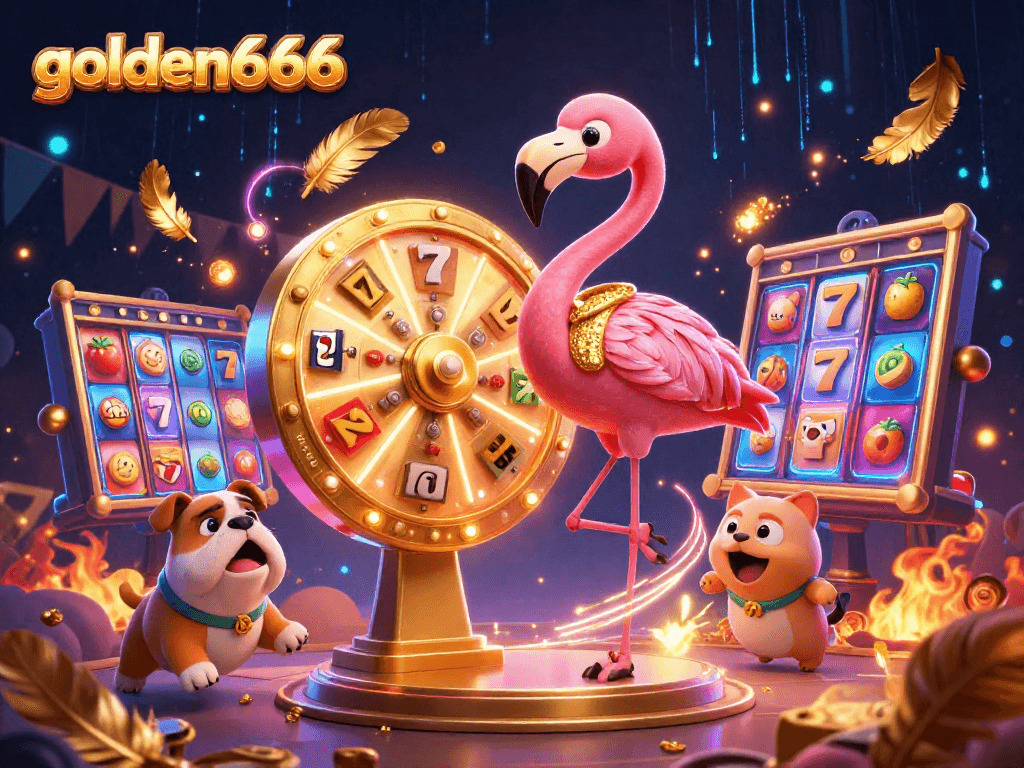 Engage with golden666 by spinning the prize wheel at a lively casino show featuring vibrant 3D characters.