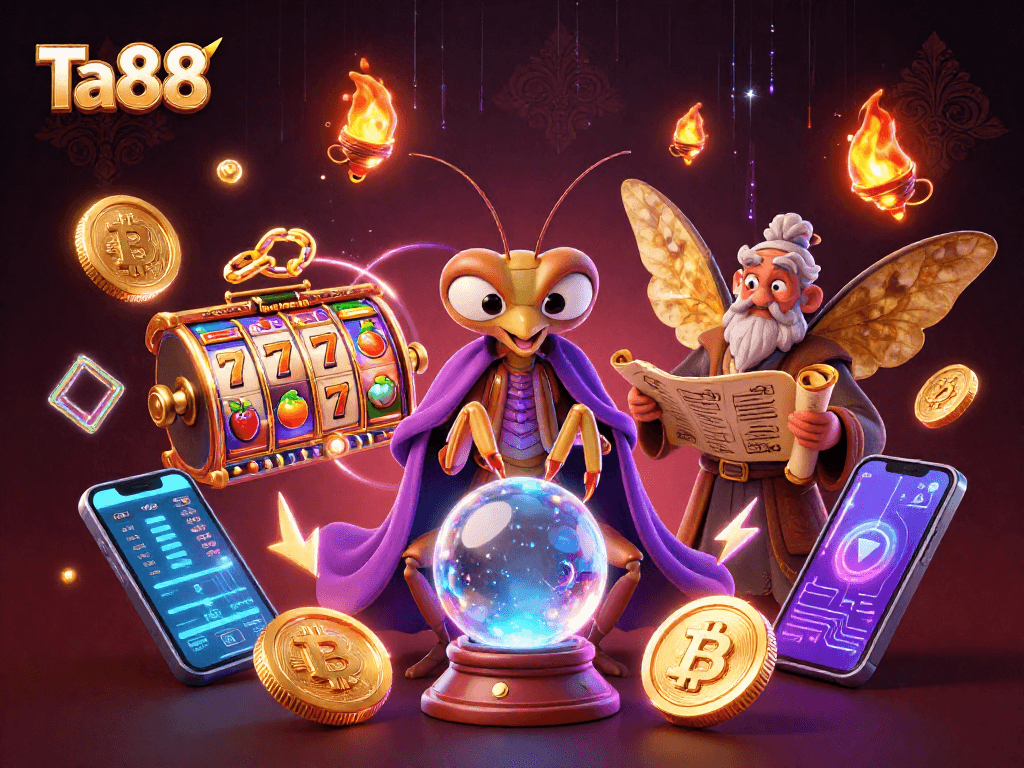 Engage with Ta88's thrilling casino experience featuring vibrant slot reels and crypto elements.