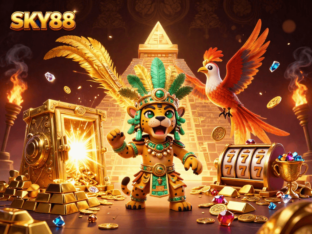Bet big at SKY88 with vibrant 3D casino scene featuring gold treasures and jackpot reels.