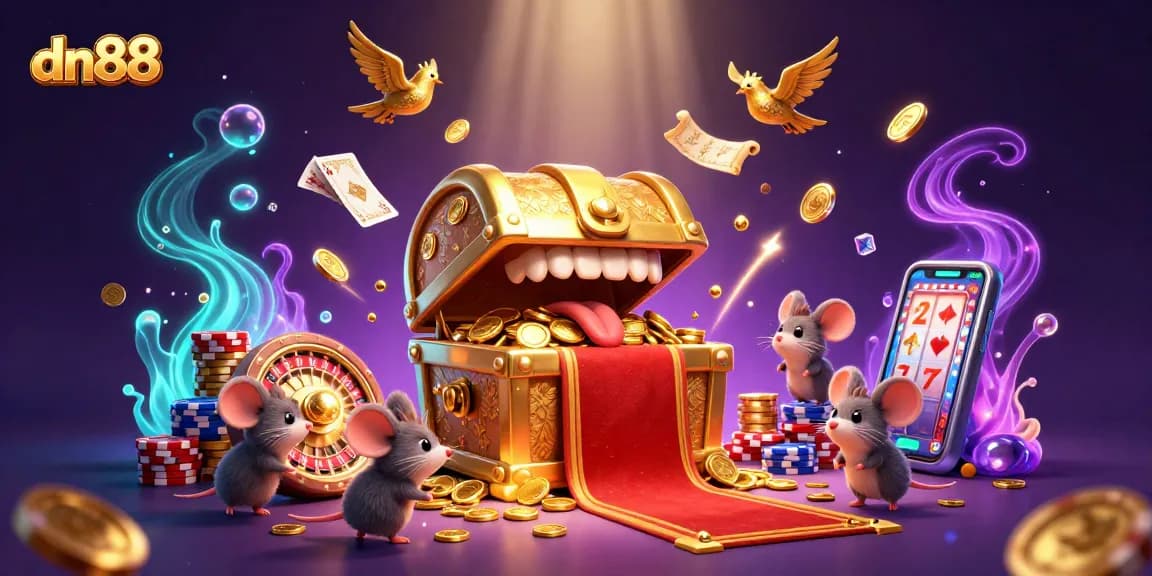Engage with the dn88 experience featuring a treasure chest lure amid dazzling casino elements.
