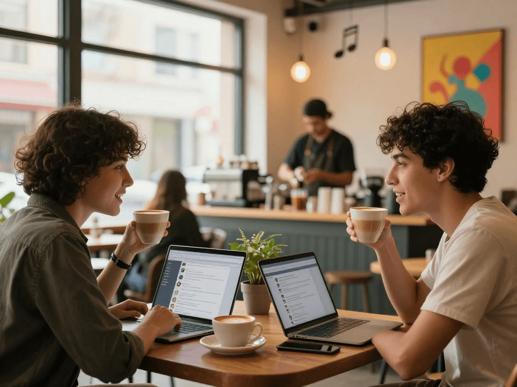 In a cozy café, young adults engage over dating profiles on laptops, highlighting https://f168.dating/ connections.