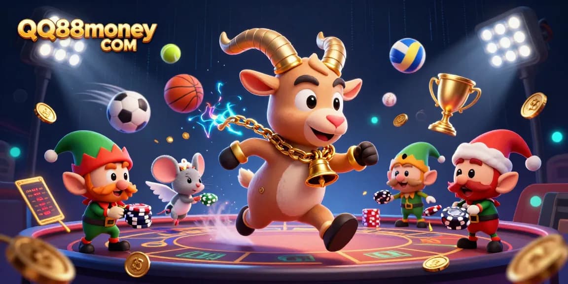 Experience the excitement at QQ88money COM with a festive Krampus running a casino, surrounded by sports elements.