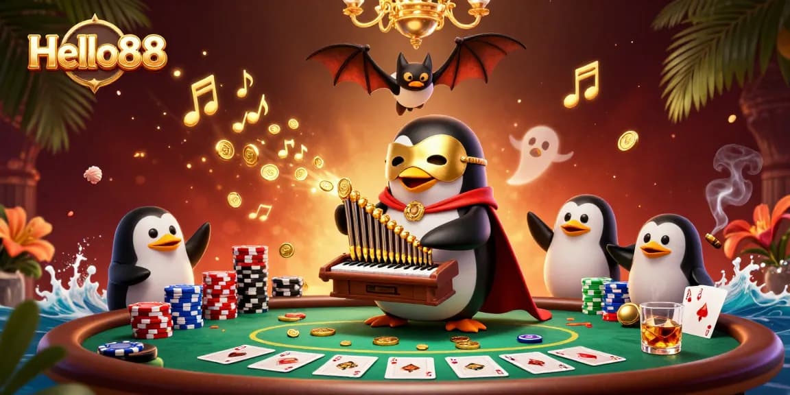 Engage with Hello88 as the phantom opera penguin orchestrates a golden casino experience.