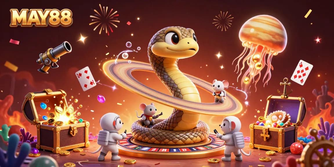 Engage with MAY88's vibrant casino action featuring astronaut mice betting on a roulette-like Saturn.