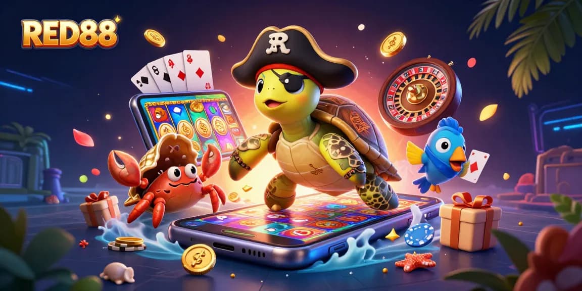 Spin to win with RED88 as pirate turtle explores a treasure atop a slot game!