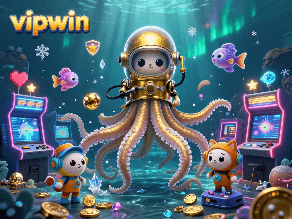 Experience thrilling games at vipwin, featuring a colorful 3D casino scene with lively characters and glowing arcade elements.