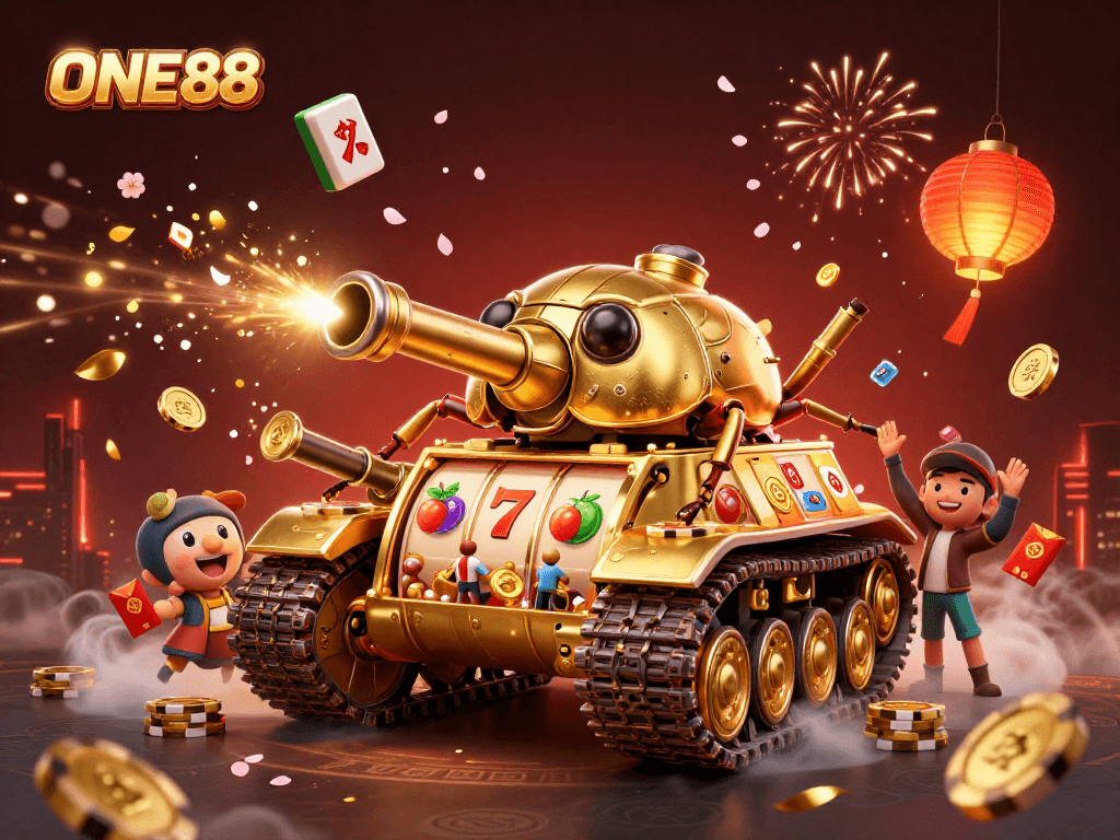 Engage with ONE88's vibrant casino experience featuring a dynamic tank illustration with slot reels.