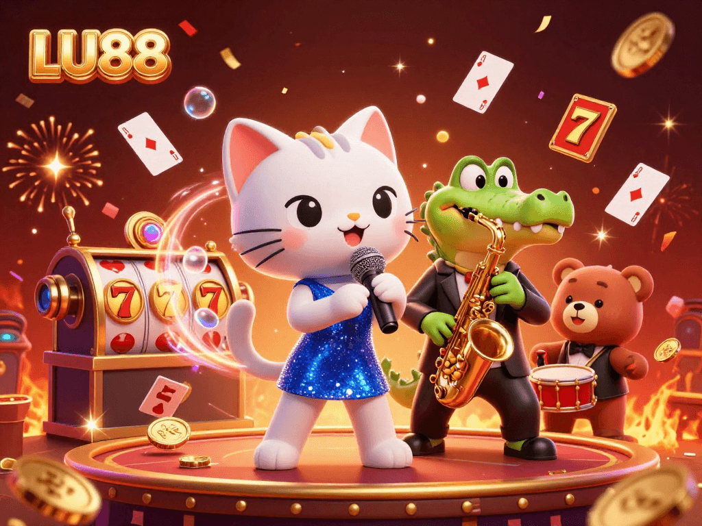 LU88 Casino scene featuring a jazz-singer cat and friends performing with floating cards and gold coins.