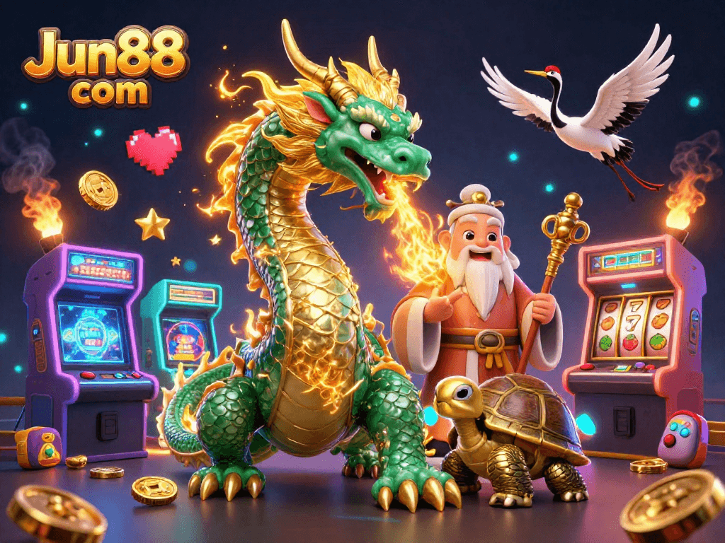 Engage with Jun88 com's vibrant casino world featuring a jade dragon and lucky symbols.
