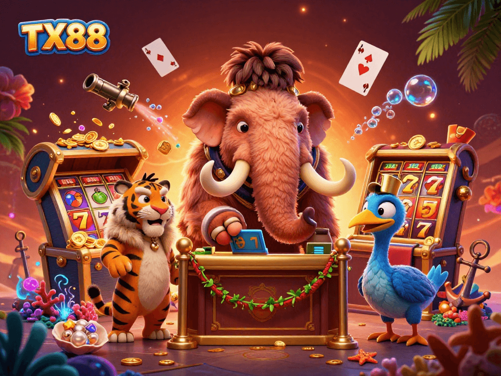Experience thrilling gameplay with TX88, featuring vibrant slots and animated characters in a bustling casino scene.