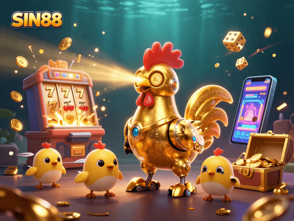 SIN88 showcases a retro-futuristic rooster robot unleashing vibrant casino magic in a thrilling scene.