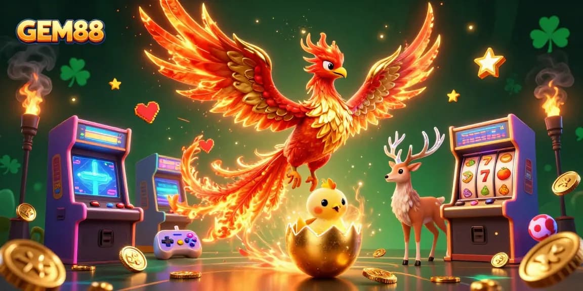 Engage with GEM88's vibrant casino world featuring a phoenix and slot machines.