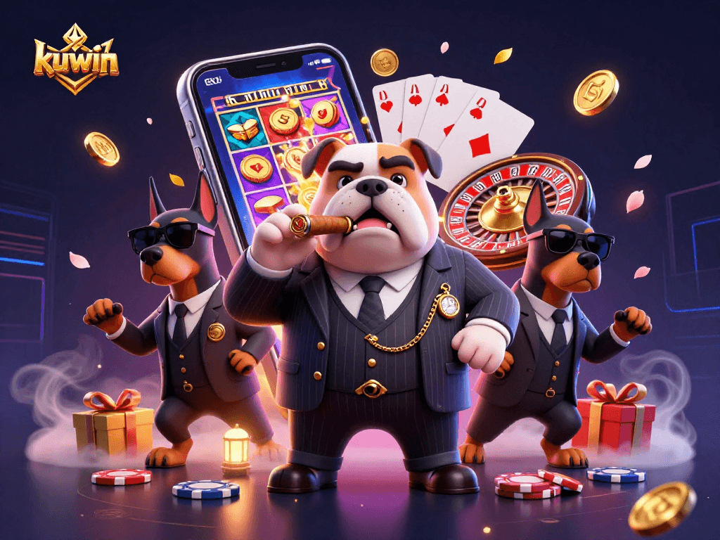 Kuwin gaming scene featuring a mafia bulldog and Doberman bodyguards with gambling elements