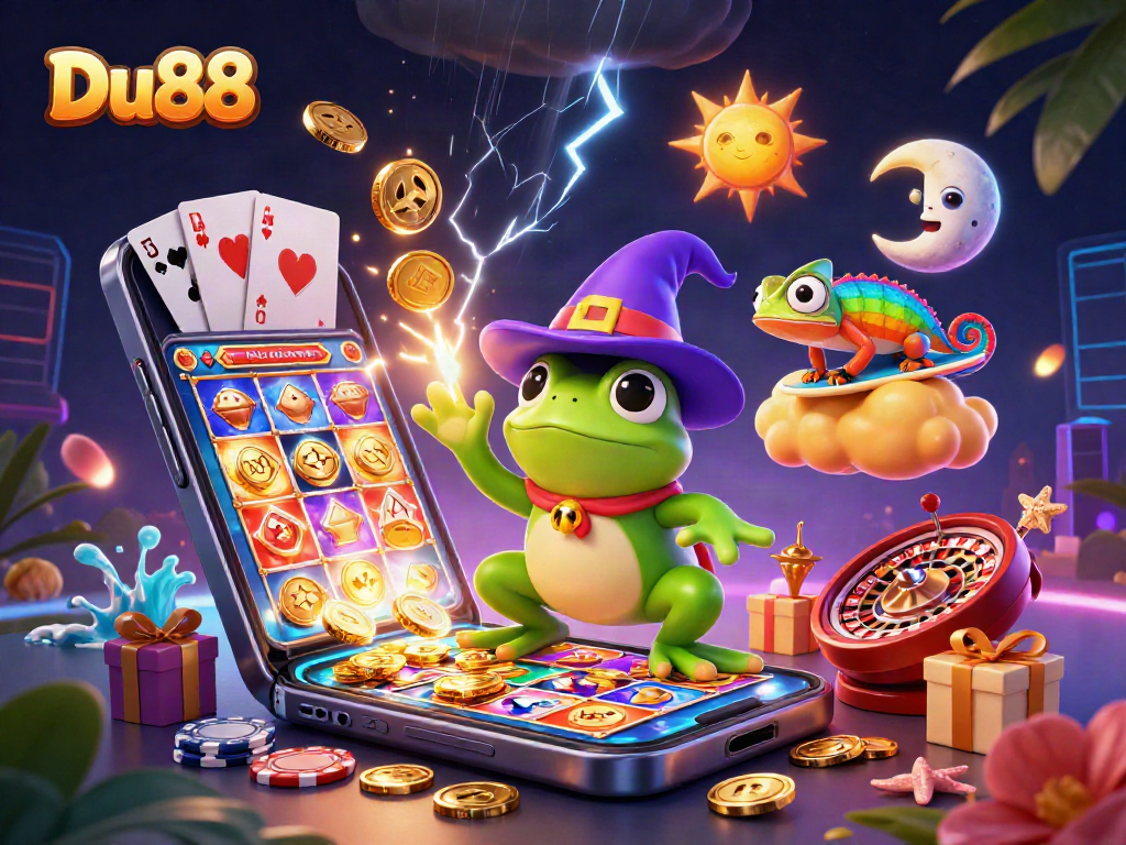 Experience Du88's dynamic gaming with a wizard frog and colorful chameleon in action.