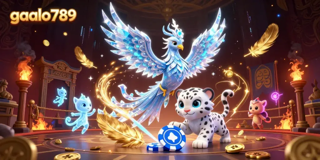 Win big at gaalo789 with this dazzling 3D casino-themed illustration showcasing a vibrant ice phoenix and thrilling gaming elements.