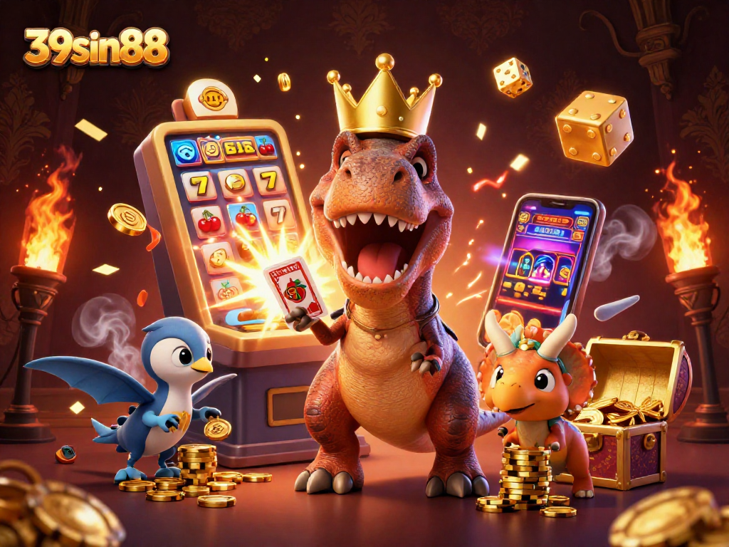 Experience excitement at 39sin88 with a colorful 3D casino scene featuring slot machines, dinosaurs, and dynamic game elements.