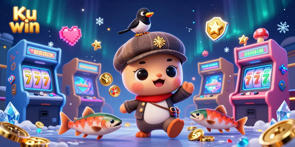 Experience the thrill of Ku win with vibrant cartoon characters and exciting slot machines in a colorful casino scene!