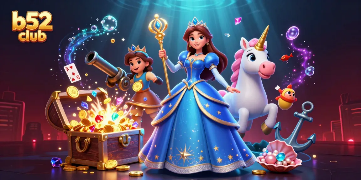 B52 Club brings thrills with a vibrant 3D scene of a celebrated casino princess amidst floating treasures and magical gameplay.