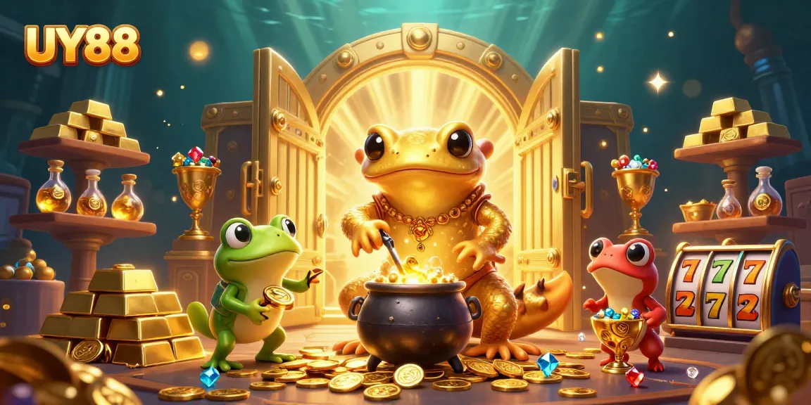 Spin the reels with UY88's vibrant 3D casino magic featuring a golden salamander alchemist.