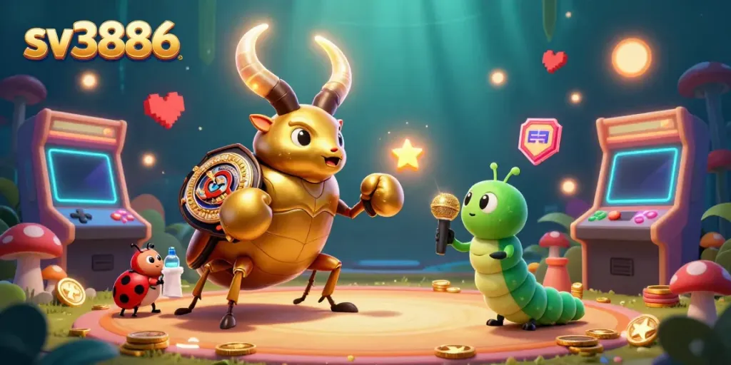 Experience stunning casino action with sv3886 featuring a giant stag beetle champion, vibrant games, and colorful effects.