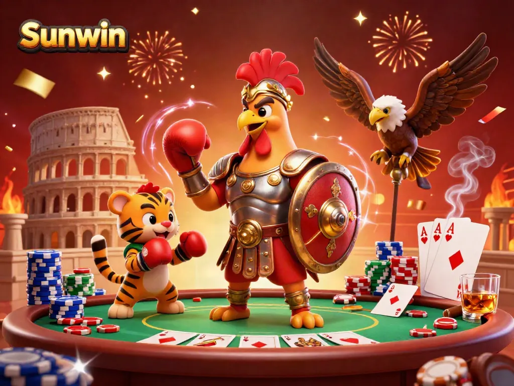 Engage with exciting gambling action at Sunwin featuring a dynamic scene of a gladiator rooster and sparring tiger cub in a vibrant casino.