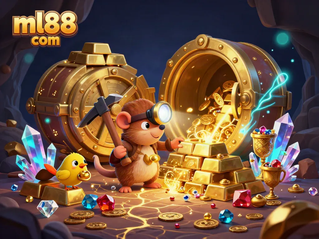 Engaging scene of a treasure hunter and canary amidst riches and gems, reflecting the ml88 com gaming excitement.