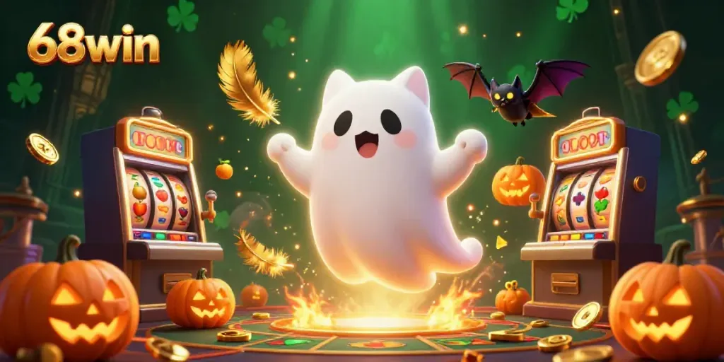 Engage with the thrilling 68win casino experience, showcasing a ghost cat and bat in a dynamic haunted setting.