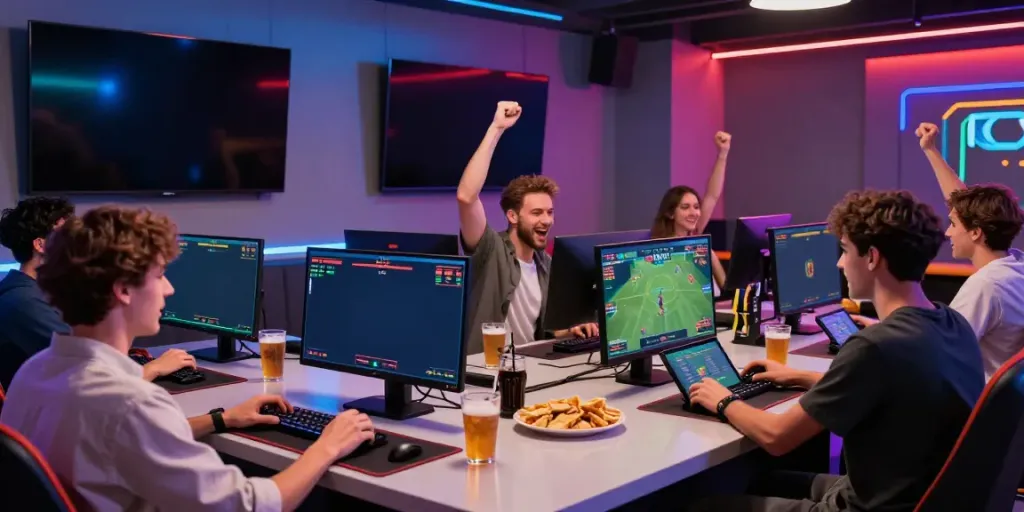 Engaging online gambling scene at https://red88.limited/ featuring friends cheering and live match displays.