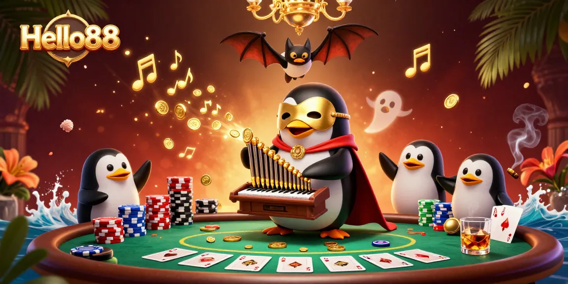 Engage with Hello88 as the phantom opera penguin orchestrates a golden casino experience.