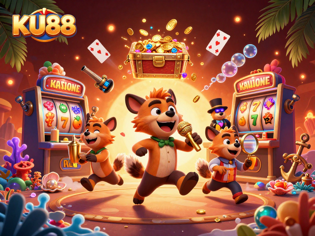 Join the fun at KU88's vibrant casino scene featuring animated hyenas.