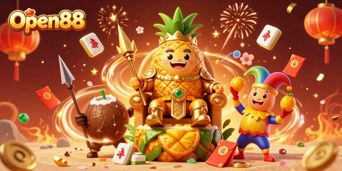 Join the fun at Open88 with a vibrant casino scene featuring a playful pineapple king and exciting casino elements.