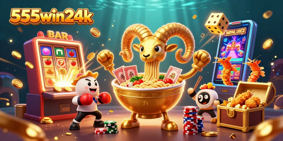 Win big with 555win24k in this vibrant, 3D casino-themed illustration featuring games and excitement.