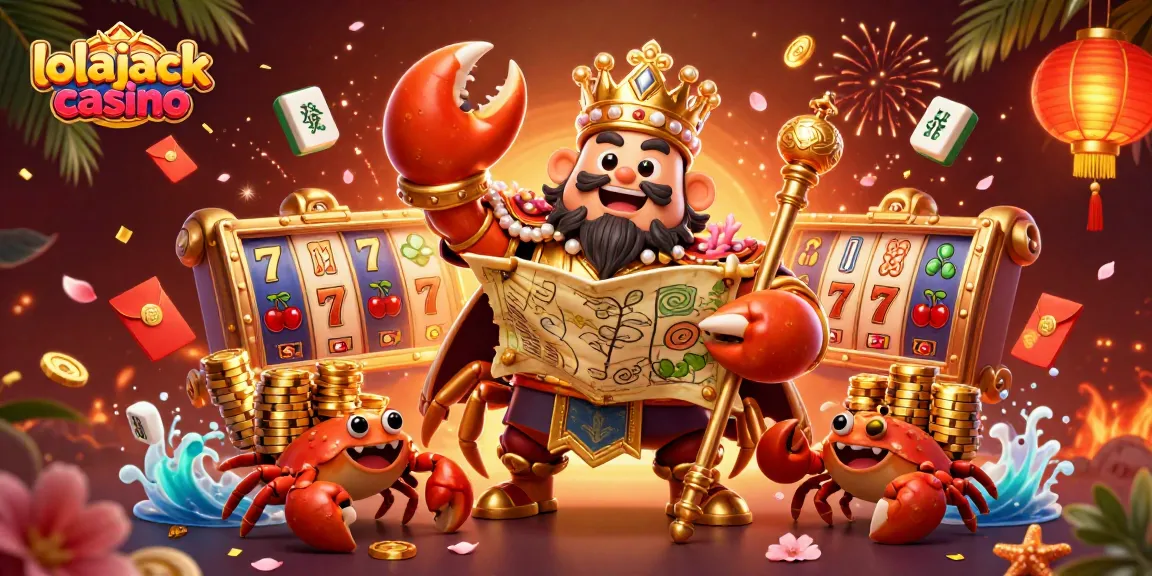 Experience the excitement at lolajack casino with a vibrant illustration showcasing slots, coins, and a royal crab character.