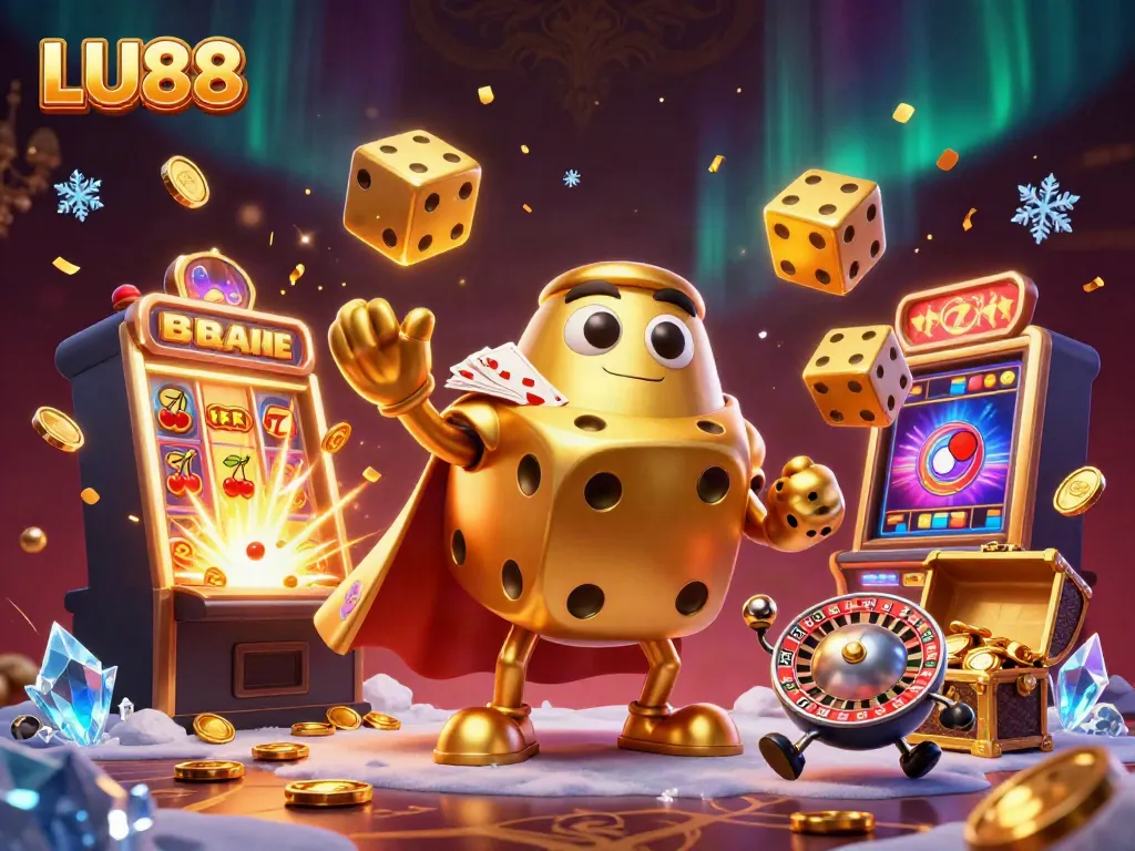 LU88 engages players with a golden dice golem and casino game elements for an immersive experience.