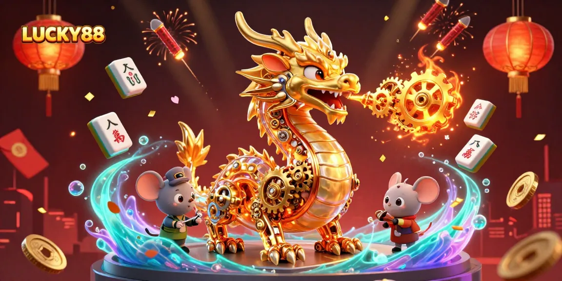 Engage with LUCKY88's captivating 3D illustration featuring a golden dragon and gaming elements.